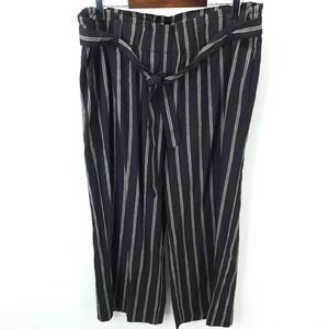 J Jill Womens Black Striped Linen Stretch Belted Wide Leg Cropped Pant Sz L NWT